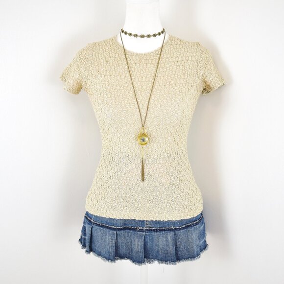 VTG 90s Y2K On Your Own Beige Popcorn Bubble Crinkle Short Sleeve Baby Tee Sz S - Picture 1 of 6